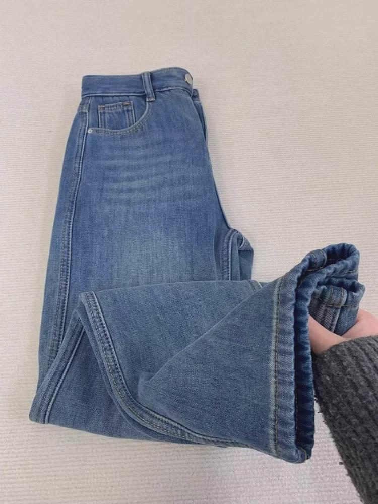 La Chapelle Thick Fleece Narrow Wide-Leg Jeans for Women, New Autumn and Winter High-Waisted Drapey Petite Straight-Leg Floor-Length Pants