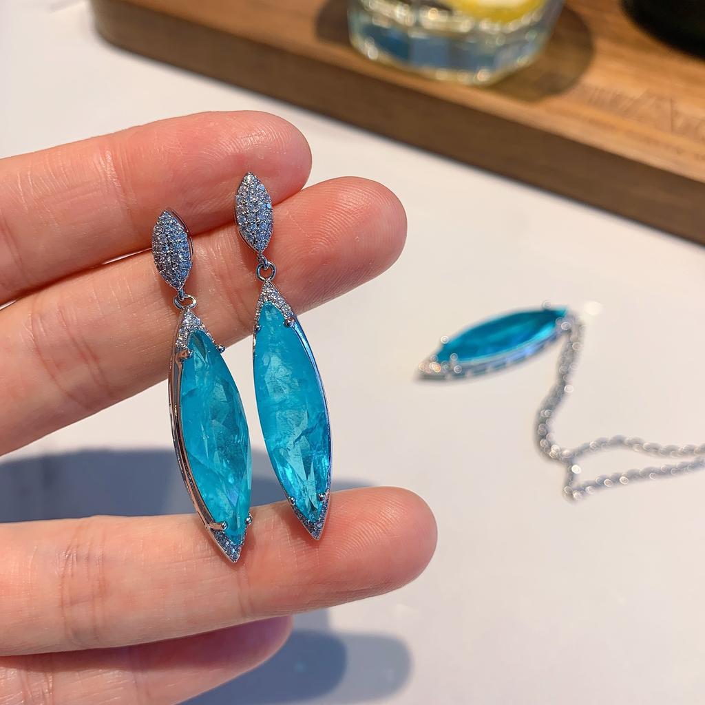 Jewelry Blue Simulation Paraiba Earrings Necklace Jewelry Set Earrings 8 * 27 Pendant 10 * 35