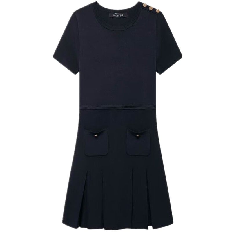 

Western Style 2024 Autumn New Women clothes Wide Pleat Knitted Short sleeve round Neck Mini Dress 2142140 Navy blue S