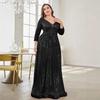 New Plus-Size Evening Dress with Sequins and Long Sleeves, Birthday Gown, Banquet Party Dress