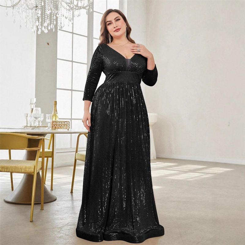 New Plus-Size Evening Dress with Sequins and Long Sleeves, Birthday Gown, Banquet Party Dress