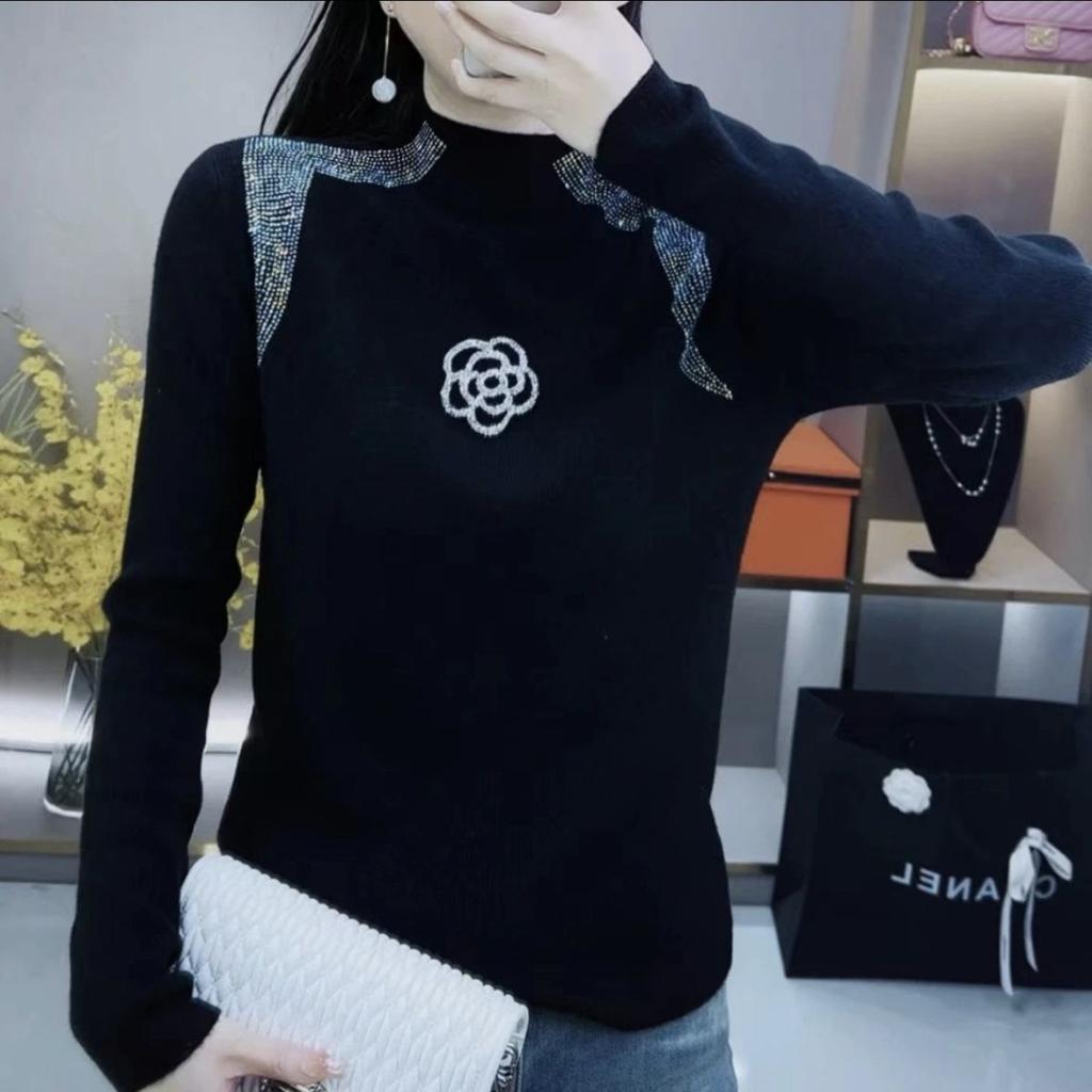 Women's Half Turtleneck Sweater with Rhinestones Solid Color Stretch Knit Pullover sweater Autumn Winter