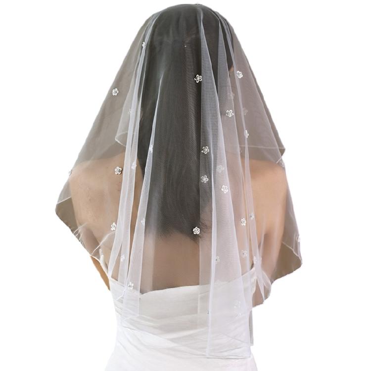 

White Bridal Veil with Beadwork Flower Designs Single Layer Tulle Bride Veil for Wedding Ceremony and Engagement Parties