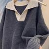 Autumn/Winter 2025 Plus Size Color Block Lapel Sweater In Dark Grey