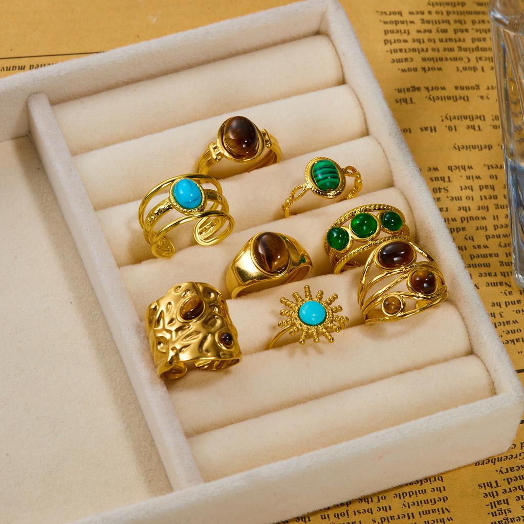 Vintage Boho Turquoise Tiger Eye Stone Rings For Women Stainless Steel Natural Stone Open Finger Ring Party Aesthetic Jewelry