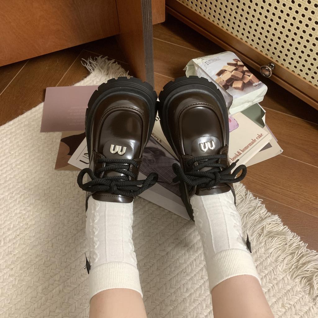 Size 35-43, Large Size Women's Shoes 41 Wide Fat Feet British Style Platform Small Leather Shoes Women's Lace-up Heightening Loafers 42