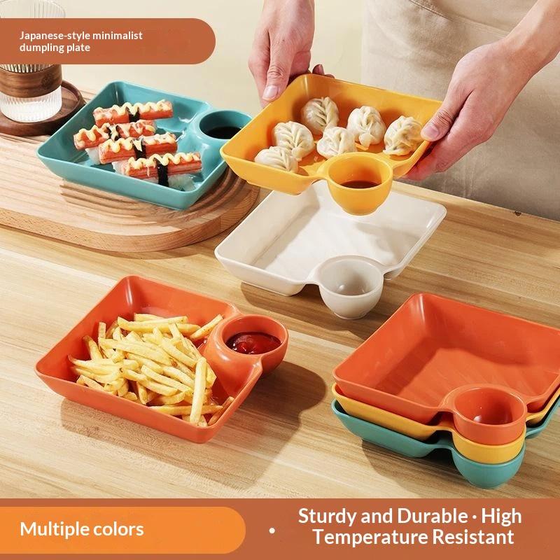 4Pcs Multicolor Food Grade Dumpling Plates With Integrated Sauce Compartment Heat Resistant For Home Sushi Snacks