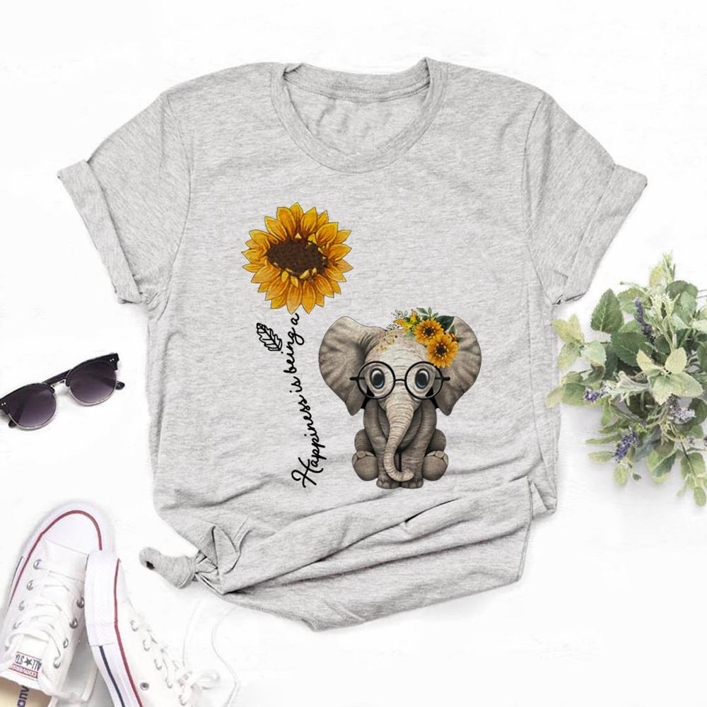 Elephant Sunflower Print Shirt Women Casual Short Sleeve O Neck Tee Tops 90S Harajuku