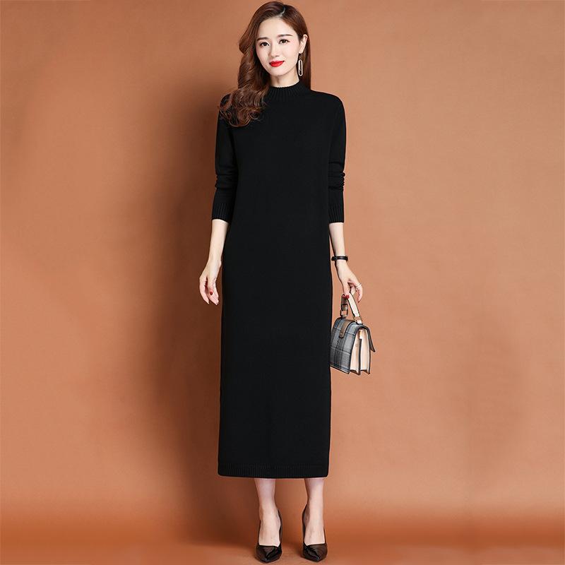 

Вязаное платье с полувысоким воротником для женщин, длинное свободное платье-свитер до колена, однотонный повседневный вязаный свитер для осени и зимы S чёрный