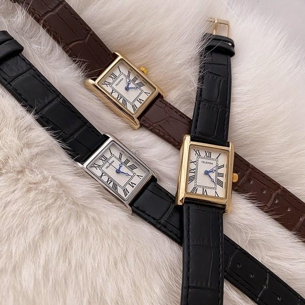 Fet Svart Brun Klassisk Dame Menn Square Square Leather Armbåndsur, Koreansk populære klokker