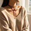 Vintage Red Velvet Bowknot Choker Necklace for Women Elegant Weave Knotted Bowknot Long Rope Layered Chain Y2K Sexy Jewelry Gift