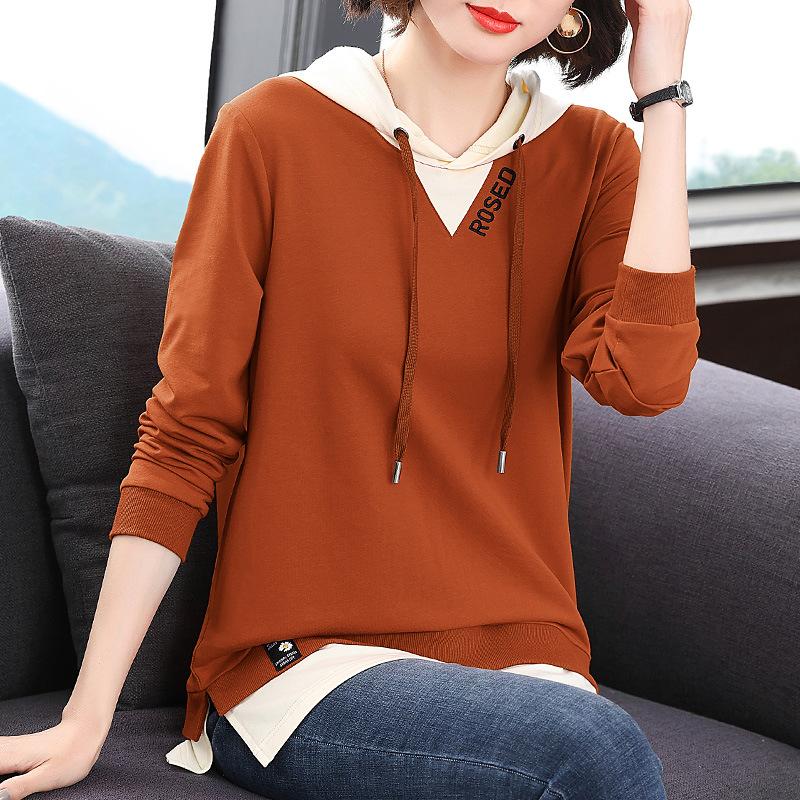 Women's Casual Solid Color Hooded T-Shirt Fake Two-Piece Sweatshirt