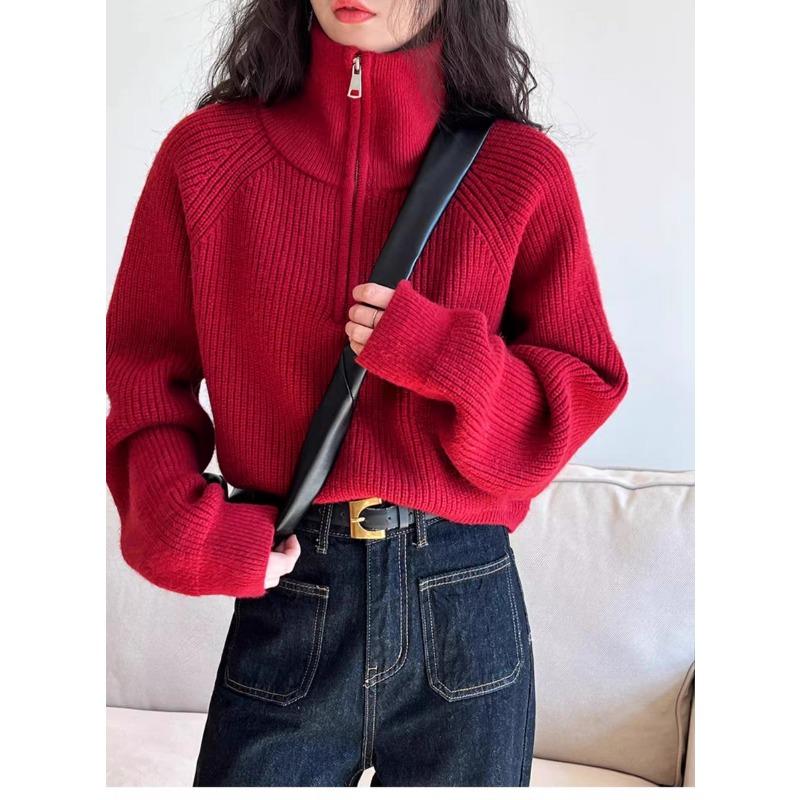 Fashion Autumn Winter Semi-turtleneck Zipper Women Knitted Sweater Long Sleeve Loose Short Tops New Solid Color Office Casual Simple Clothing
