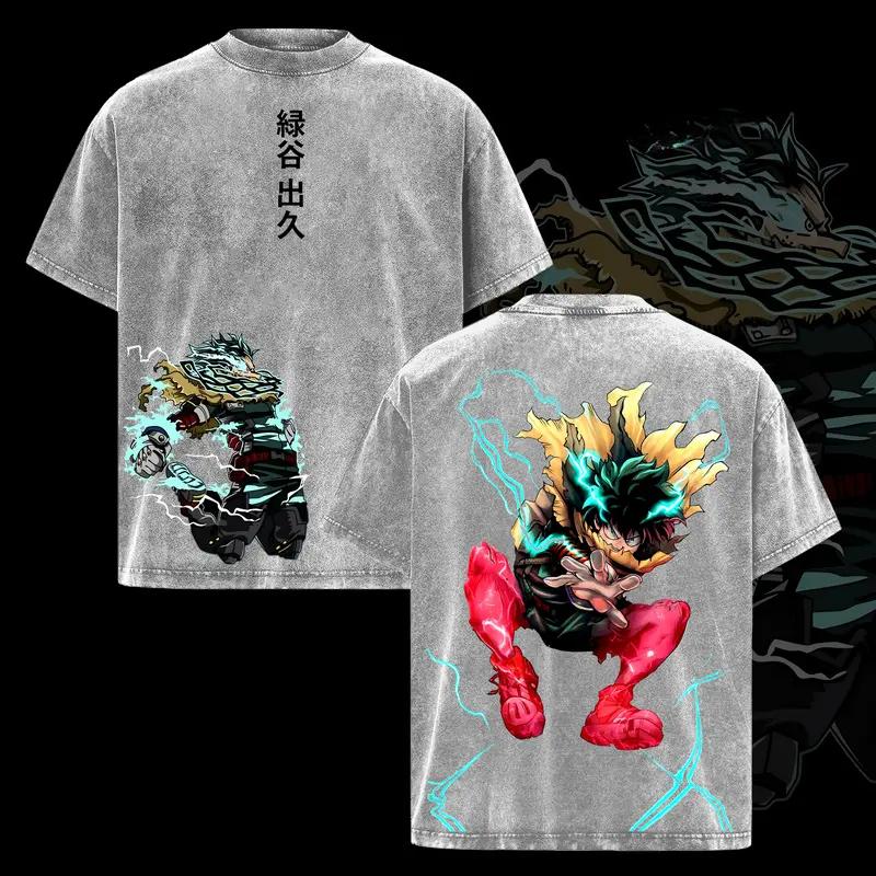 Hot Anime My Hero Academia Midoriya Izuku Print T-shirt Men Women Clothing Cotton Tshirt Retro Washed T Shirt Harajuku Male Tops