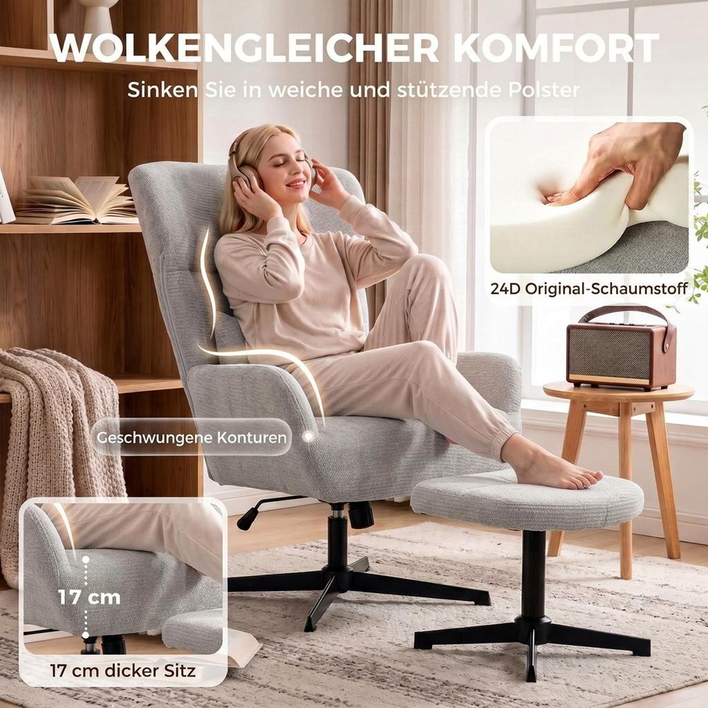 360 degrees Swivel Lounge Chair with Stool, Height-Adjustable, Chenille Cover, with Lumbar Cushion, Cream White
