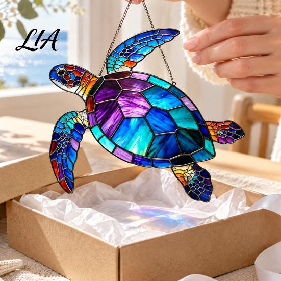 Hanging Coastal Wall Art Sea Turtle Suncatcher, Acrylic Window Ornament, Faux Stained Glass Indoor Outdoor Ornaments Decor for Ocean Lovers,