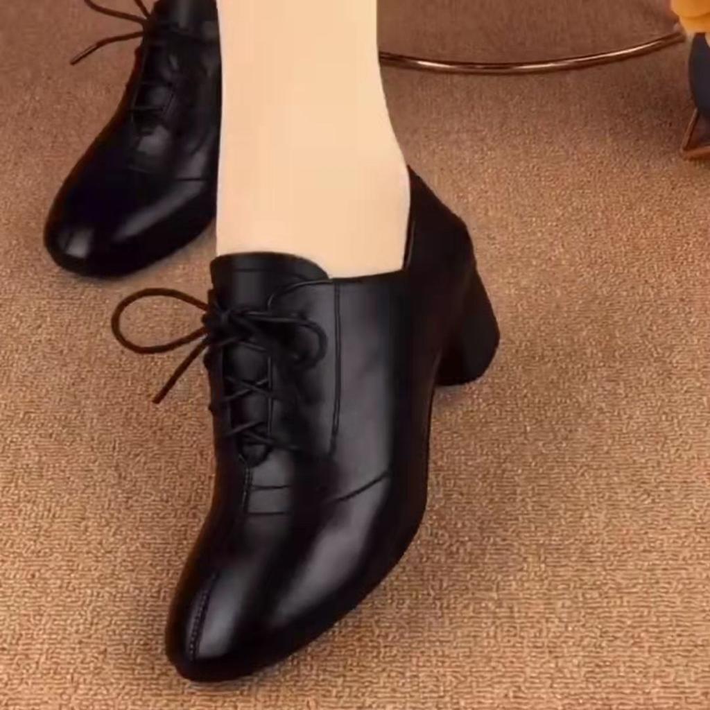 Single shoes women's 2025 new thick heel lace-up black leather shoes are comfortable and versatile, not tired of feet, fashionable casual women's sh