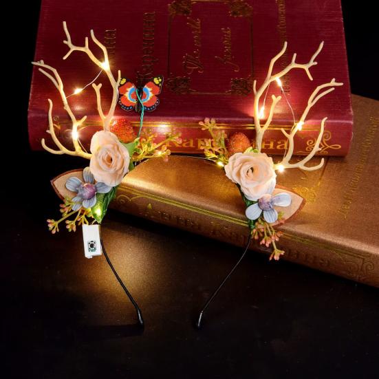 Christmas Hair Hoop Flower Butterflies Decor Antlers Design LED Light Headband Parties Performances Accessory