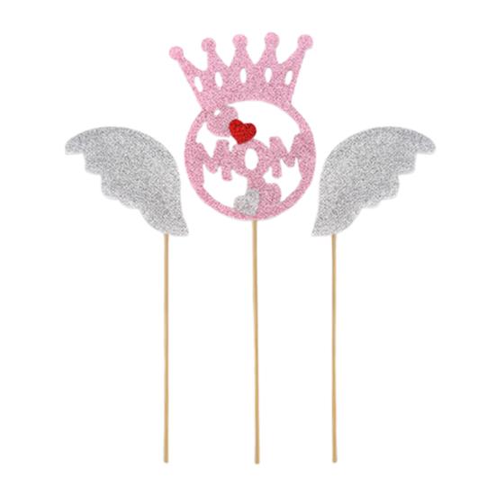 Mother's Day Cake Toppers I Love Mom Cupcake Topper Picks Glitter Hearts Flowers Crown Picks for Mom's Birthday Party Cake Decor