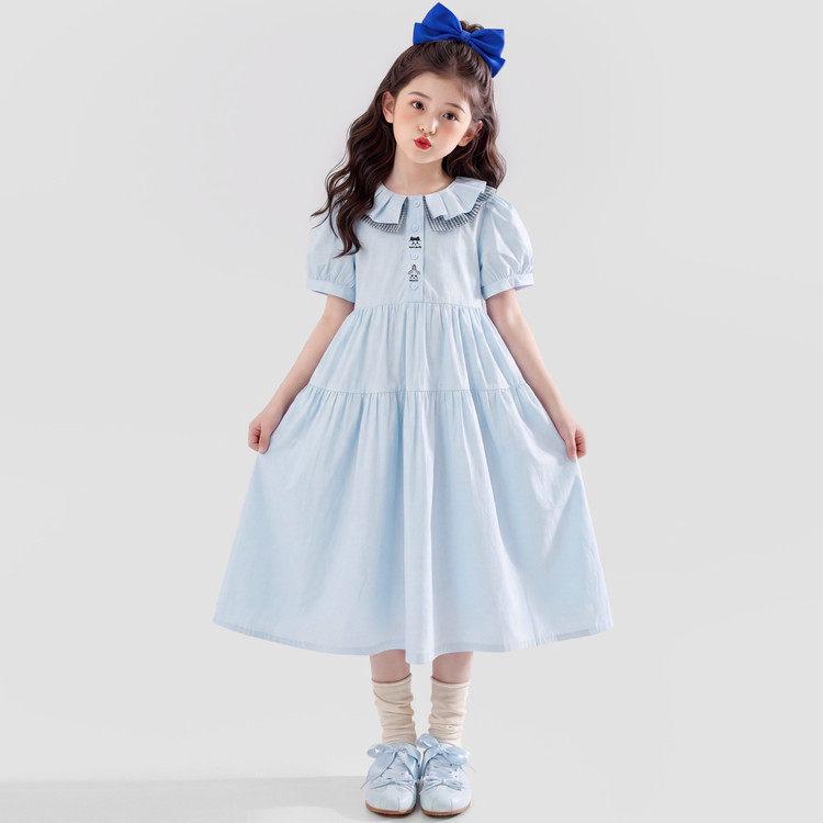 2026 Sweet College Style Doll Collar Short Sleeve Blue Midi Dress L