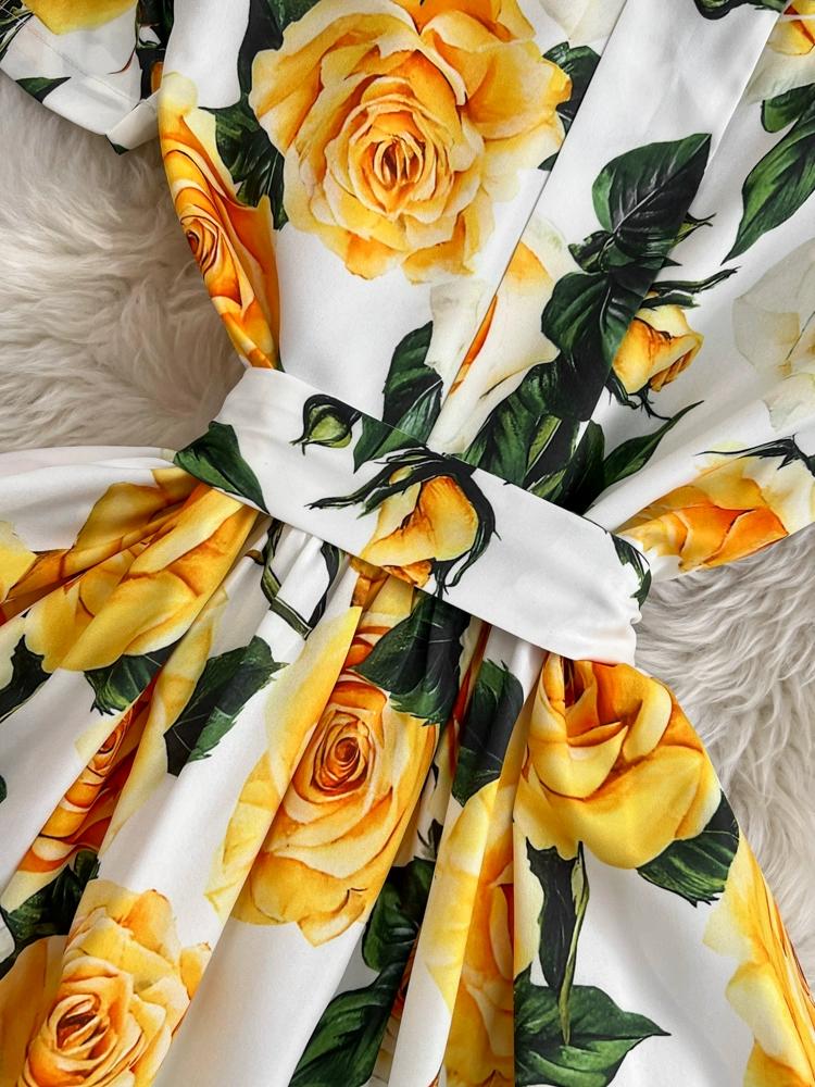 Vestido de pasarela con estampado de diseñador para mujer, elegante vestido de fiesta con cuello vuelto y camisa rosa amarilla