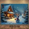 2D Flat, 1 Piece, Festive Christmas Snowman and Cabin Banner - Comfortable Winter Scene with Sparkling Lights