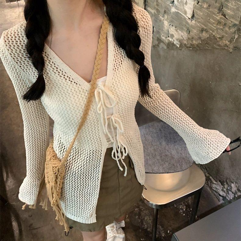 

Летний кардиган в стиле колледжа с открытыми бретелями, рукавами-трубами, облегающим тонким прозрачным V-образным вырезом, с кондиционером L