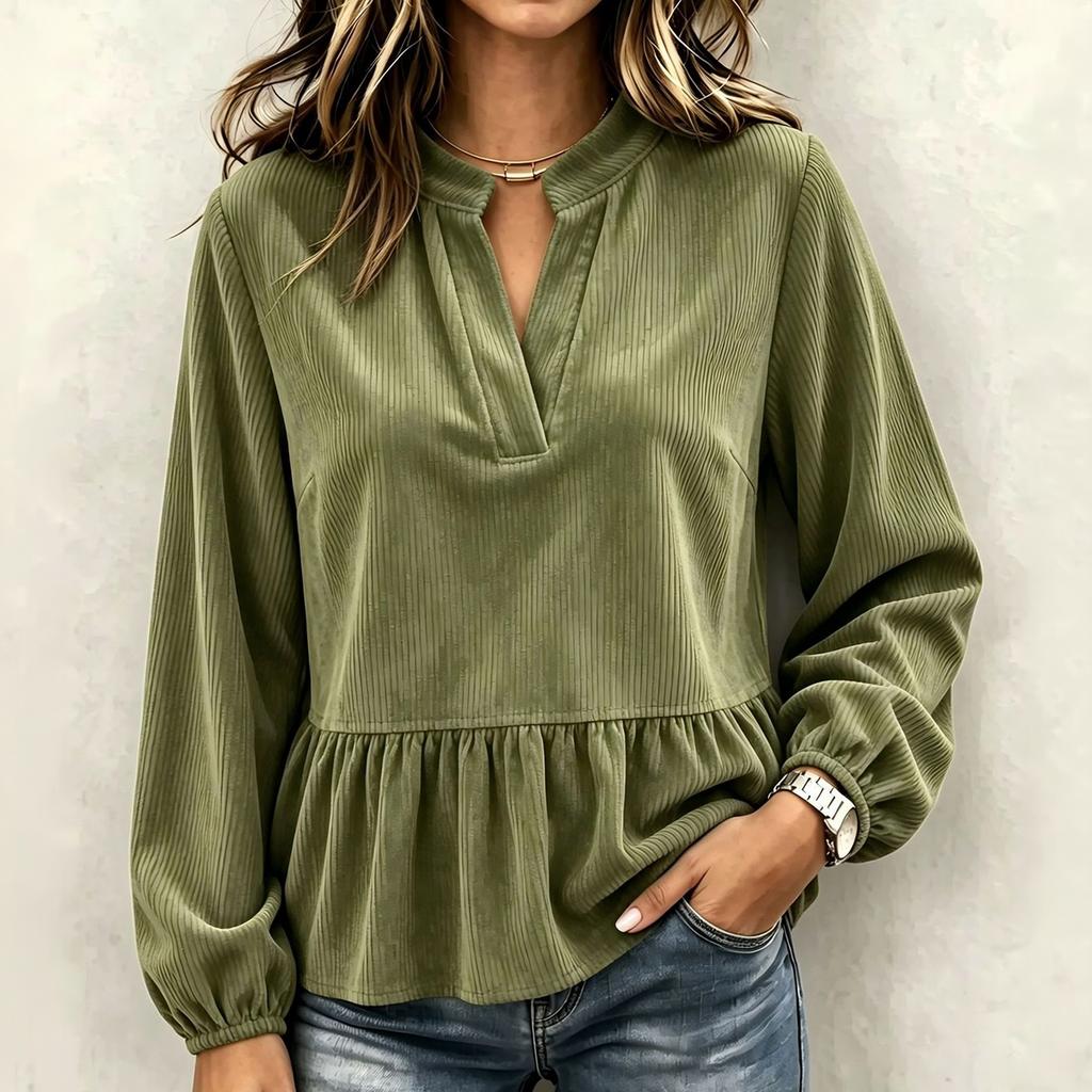 Women's Casual Corduroy V-Neck Ruffle Long Sleeve Top