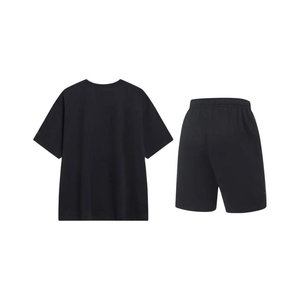 Li Ning Letter Print Cool Comfortable Versatile Round Neck Pullover Short Sleeve Mid Waist Tied Shorts Casual Sports Suit AHSU707-1+AKST543-3