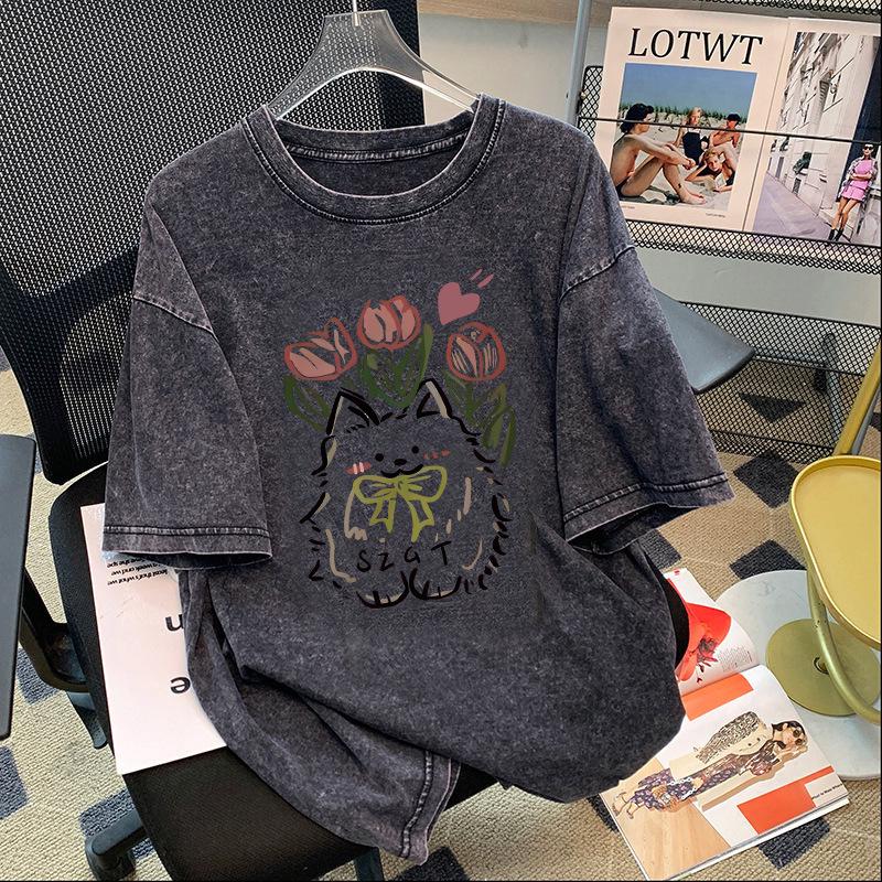 Women's Retro Distressed Washed T-shirt - American Trendy Brand, Summer 2026 Edition, Short Sleeve, Pure Cotton, Loose Fit.