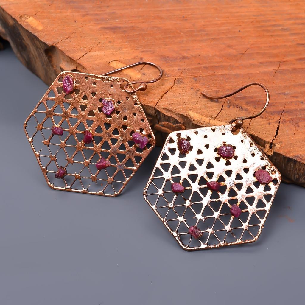 Pink Ruby Stone Copper Drop Dangle Electroformed Friend Gift Earrings Jewelry V-45