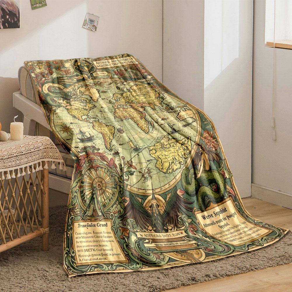 Retro Antique World Map Art Poster Multicolor Warm Blanket, Cozy Fleece Throw for Family Nights, Super Soft Fleece Blanket for All Seasons