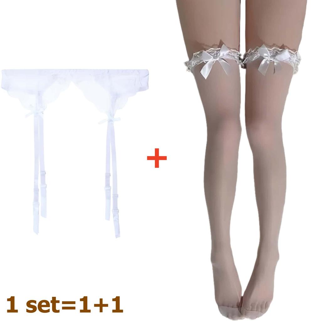2Pcs Women'S Adjustable Non-Slip Stockings High Waist Garter Belt Plus Size Sock Set Lace Mesh Suspender One-Piece Pantyhose Xxl