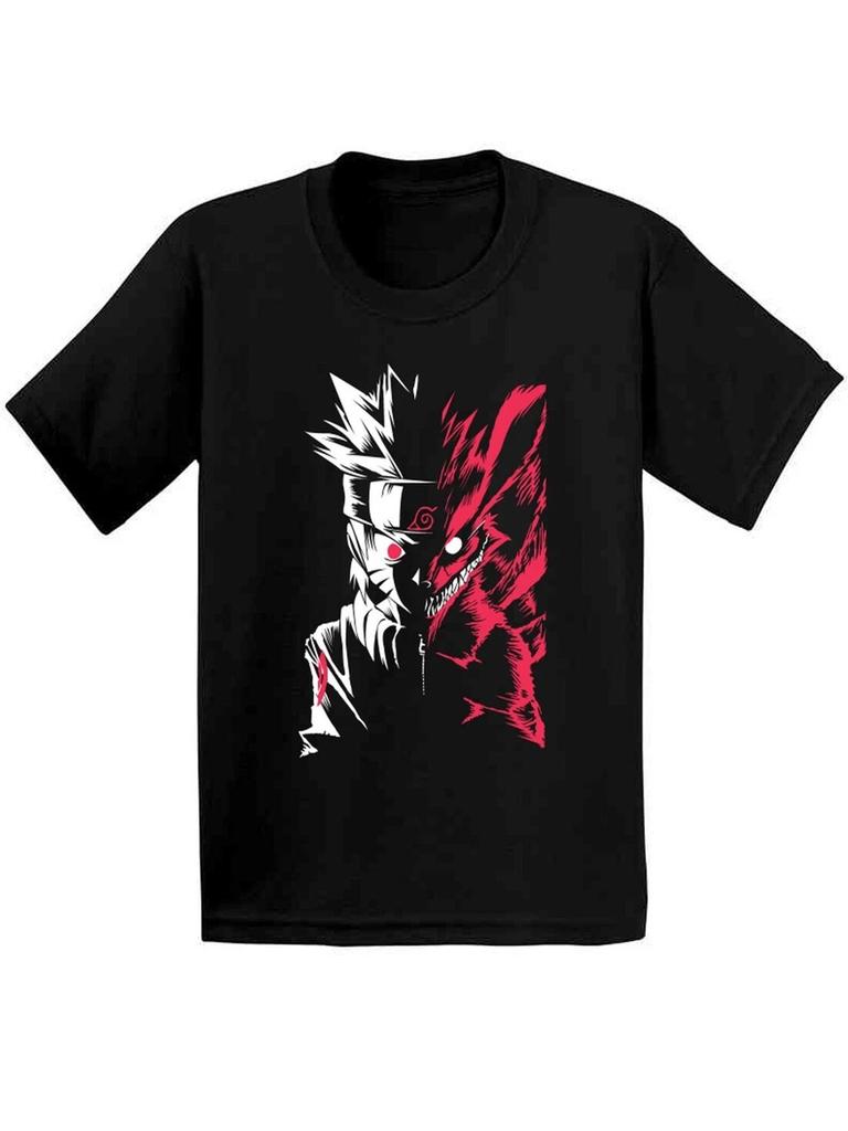 Naruto Neunschwänziger Geteilter Stil T-Shirt für Herren mit Anime-Muster Aufdruck Kurzarm Mode Hohe Qualität Trendiges Baumwoll Oberteil