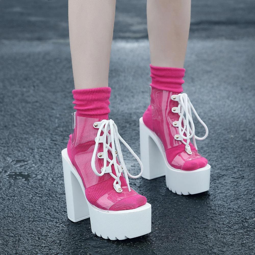 Fashion 14cm Summer New Women's Sandals Sexy Waterproof Platform Transparent PVC Lace-Up Chunky Heel High Heel Sandals stripper heels