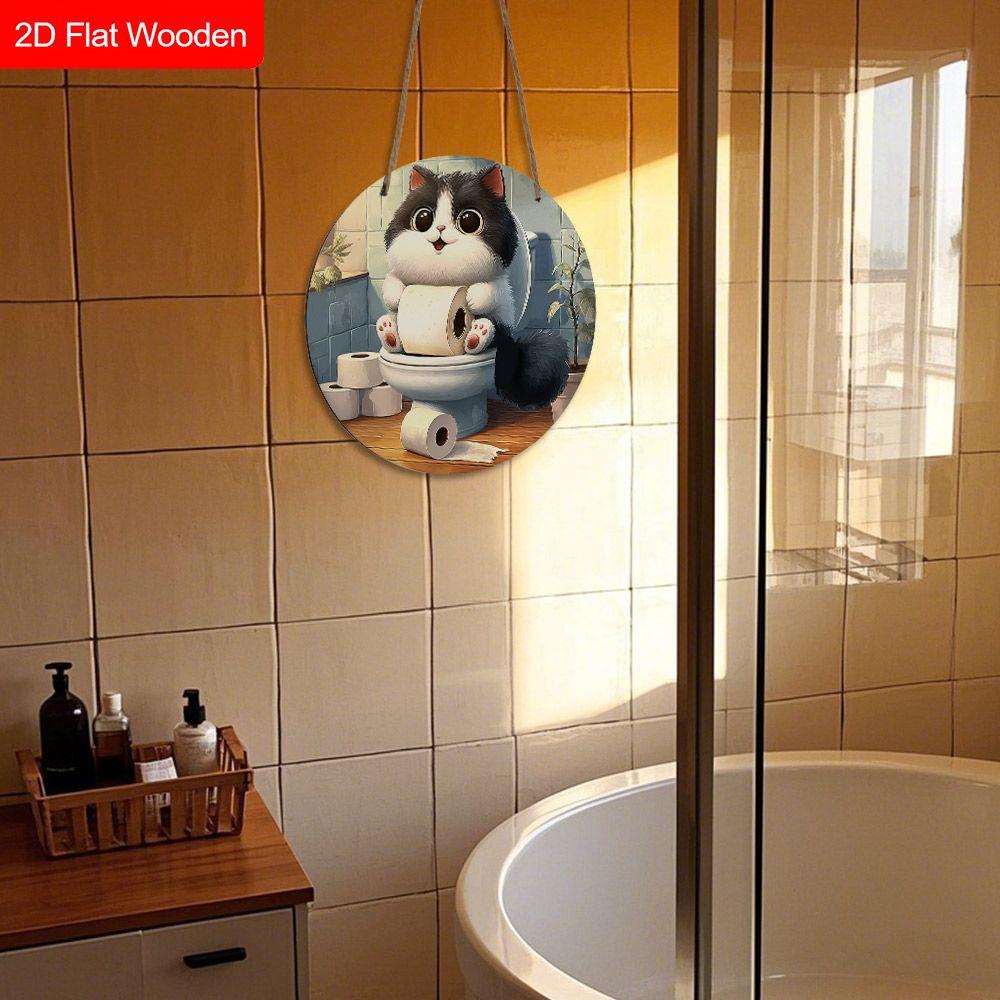 Wooden Hanging Decorative Sign, Toilet Decoration, 2D Flat Pendant, the Pattern Is a Cat Sitting On the Toilet, a Housewarming Gift for a Friend