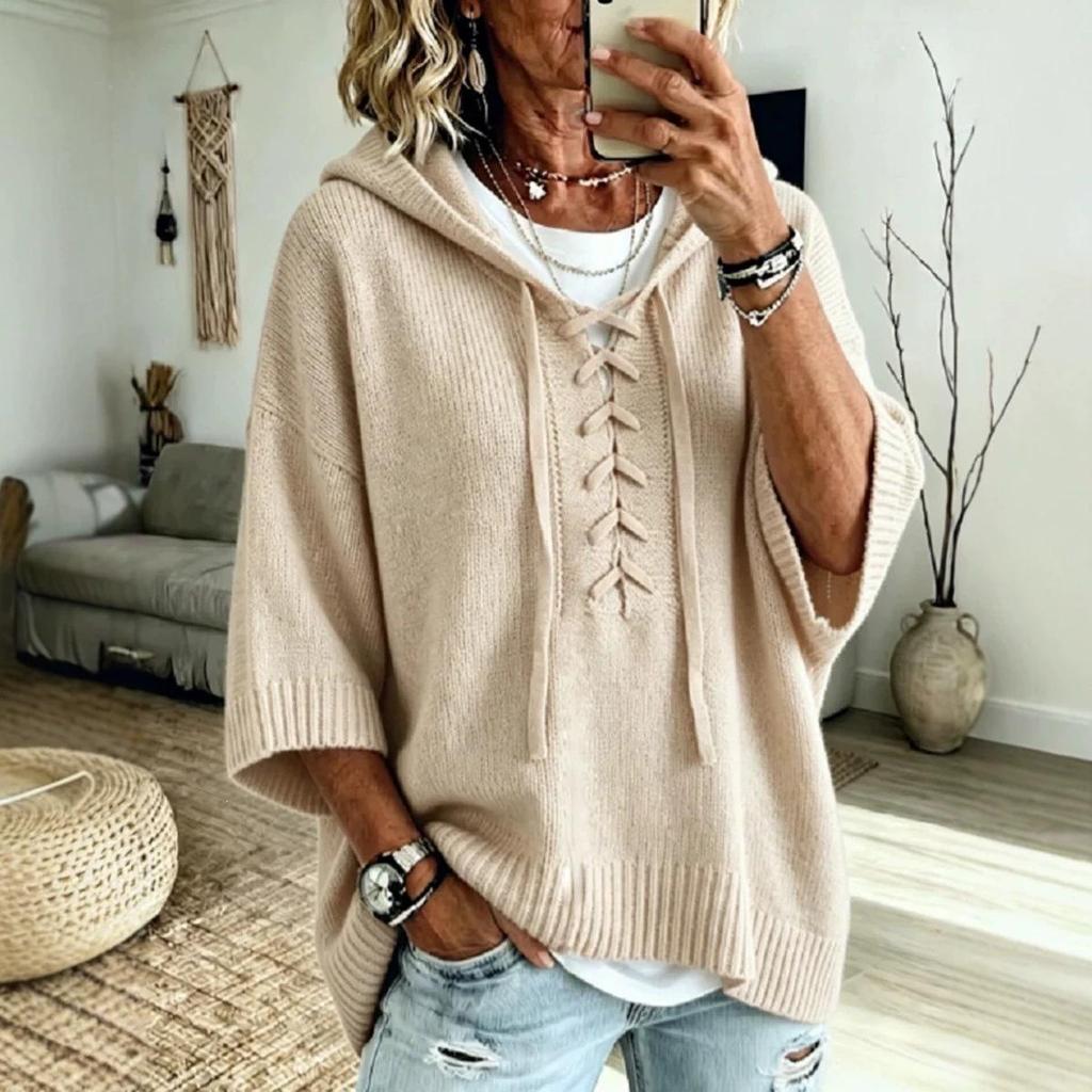 Europe & America Solid Color Hooded Sweater - Autumn 2026, Loose Knit Top with Drawstring for Women