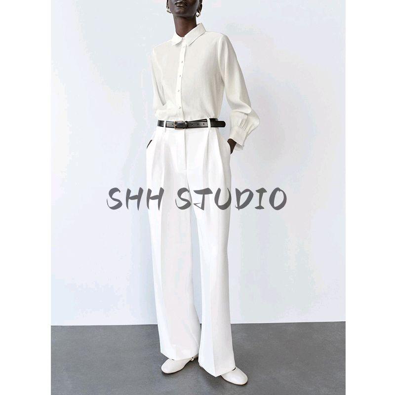 Spring New Women's Clothing Hong Kong Style Commute Style Lapel Long Sleeves Lining Button Decoration Drape Shirt 2157023