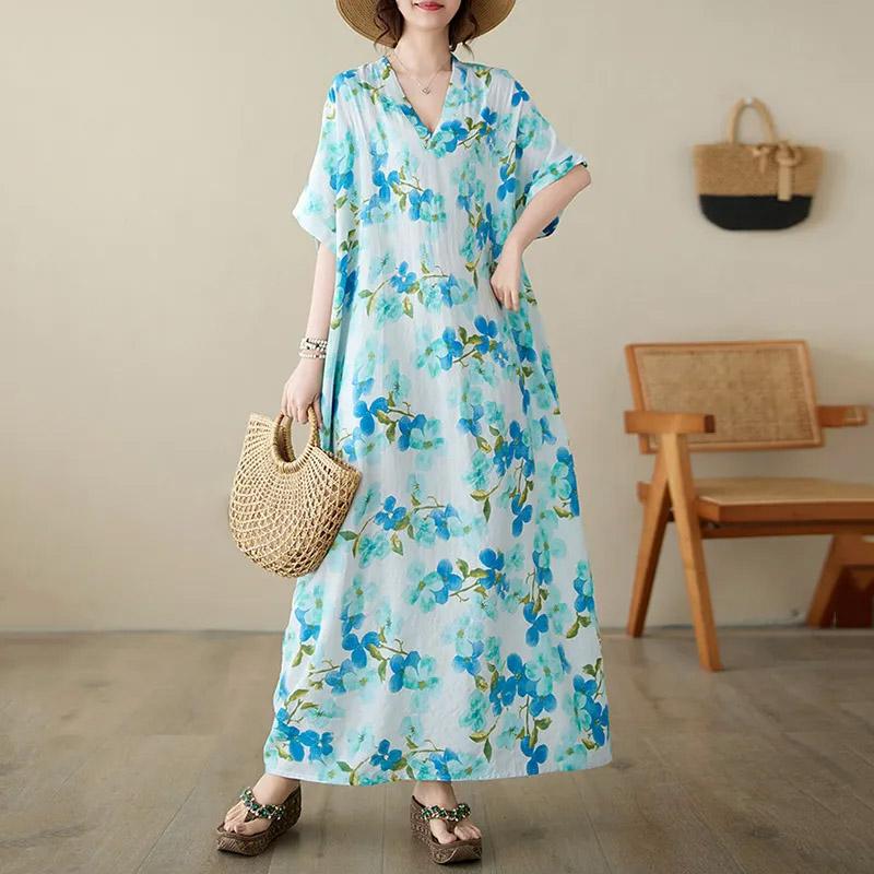 Oversized Dresses Summer Women Printing Loose Cotton Linen Long Dresses Large Hem Summer Women Long Dresses