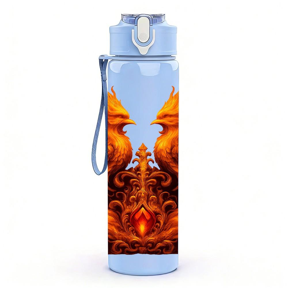 1PC Dual Phoenix Fire Bird Creature Print 750ml Color Plastic Sports Water Bottle Leakproof Flip Straw Lid Suitable for Sports Office Home Use