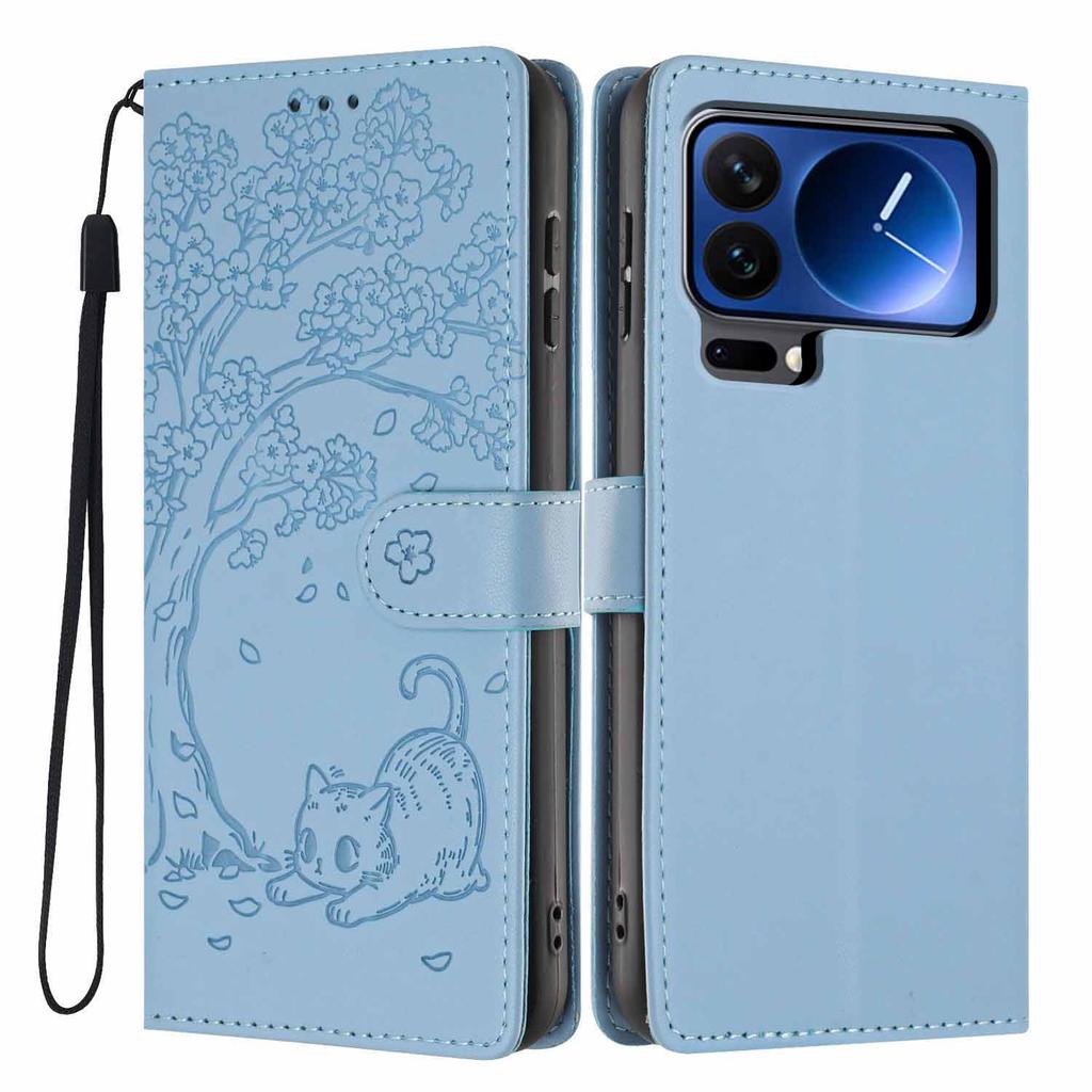 For Xiaomi 17 Pro Max Stand Case Tree-and-Cat Pattern PU Leather Wallet Protective Phone Cover with Wrist Strap