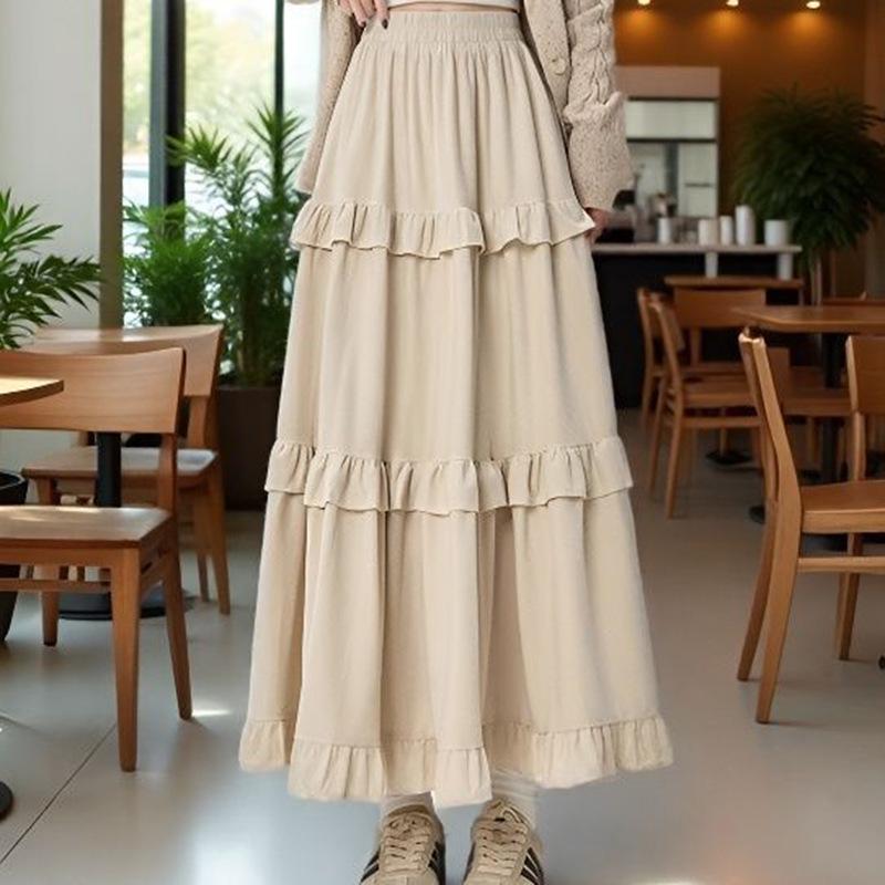 Women's 2026 A-Line Layered Velvet Umbrella Skirt with Elastic Waist - Mid-Length, In Stock