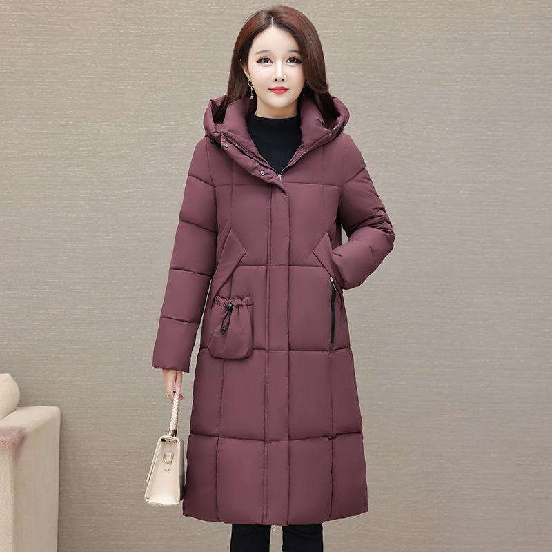 Women's Hooded Long Puffer Coat Drawstring Pockets Zip Up Quilted Solid Color Loose Fit Winter Warm Cotton Padded Jacket
