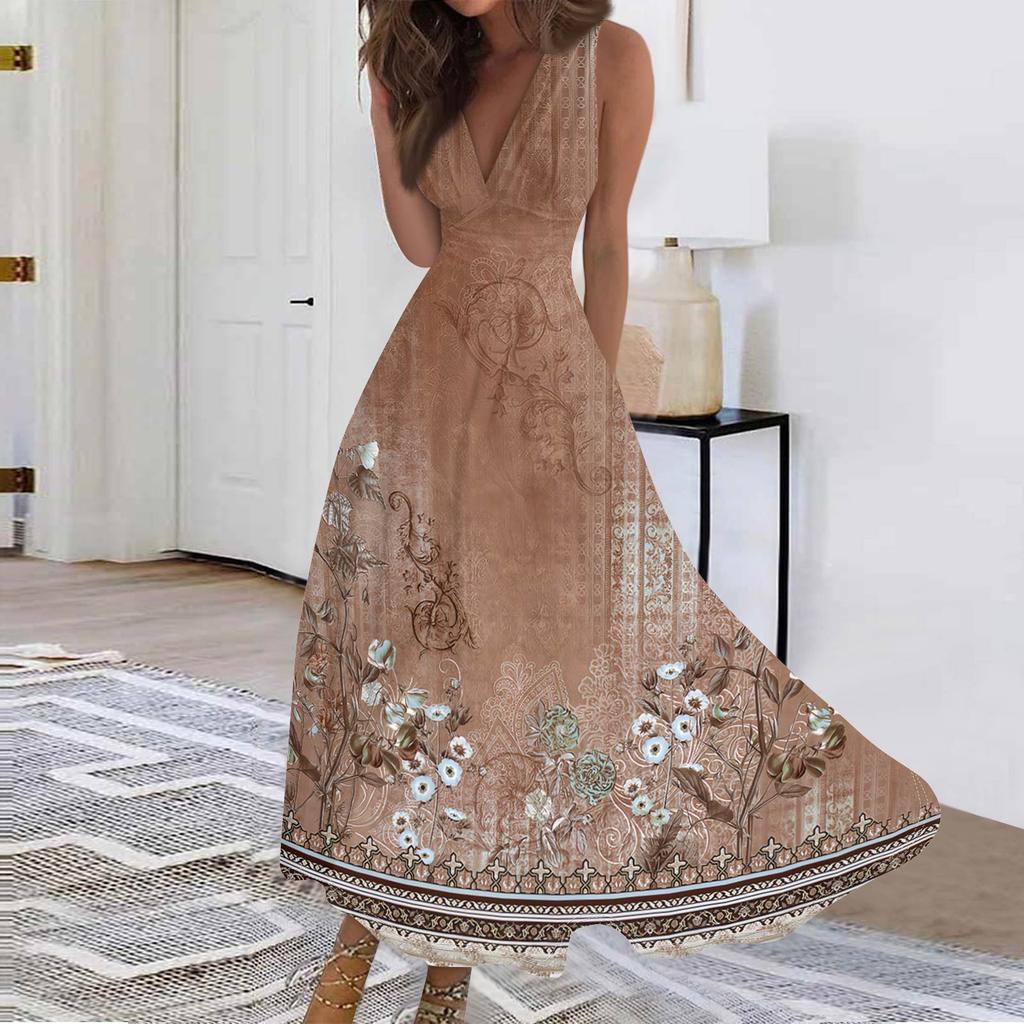 Women's Fashion Casual Loose V-Neck Sleeveless Printed Dresses