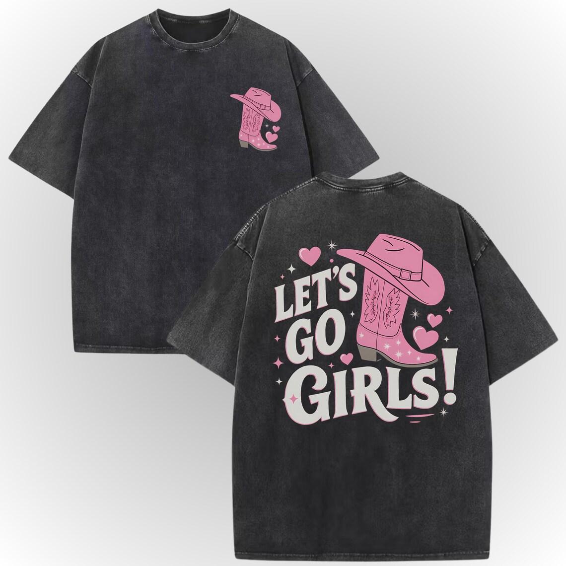 Vintage Washed Cotton TShirt Lets Go Girls Letter Print Oversized Tee Pink Cowboy Hat Boot Graphic Retro Streetwear for Men XL