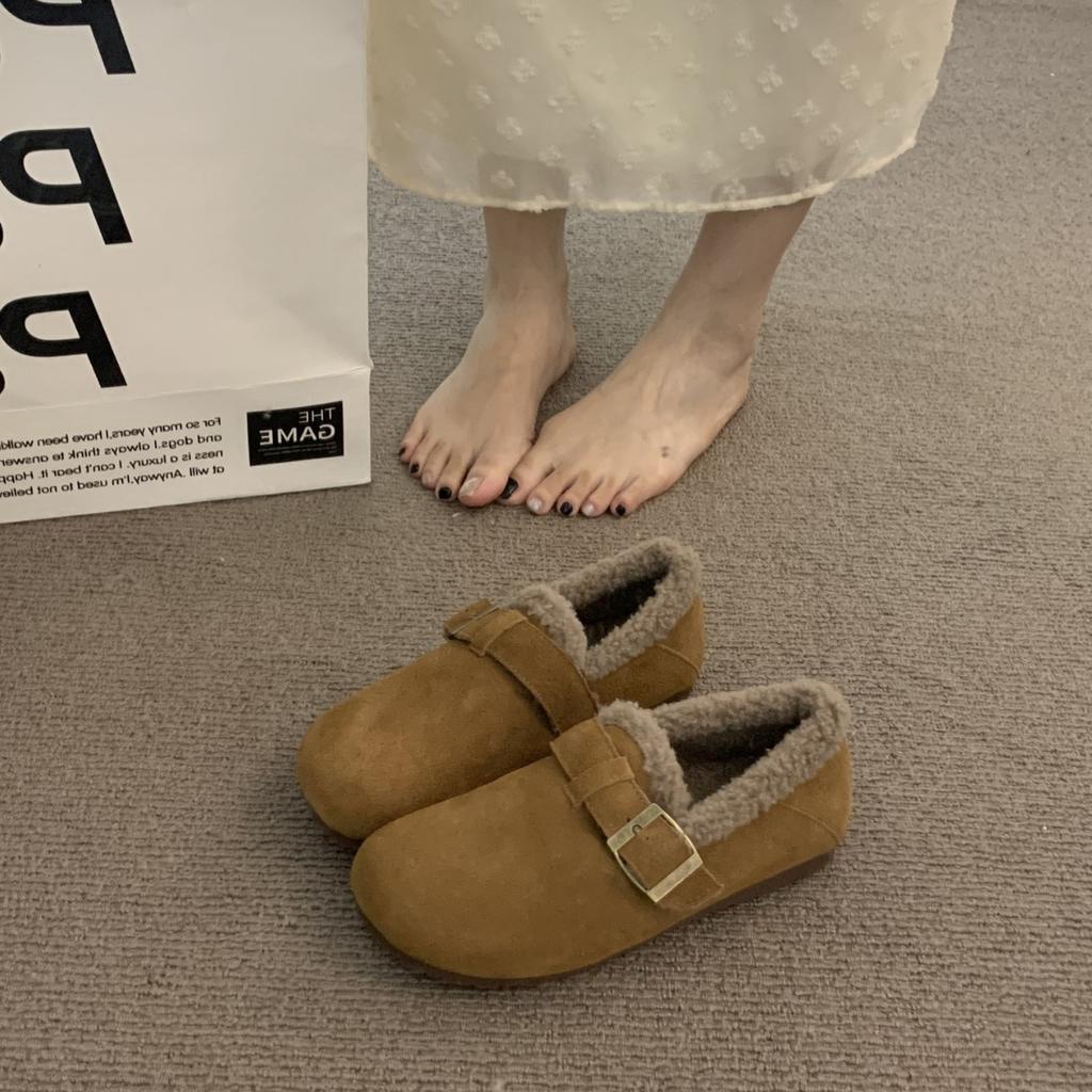 Thick-soled Velvet Boken Shoes for Women's Outer Wear 2025 Autumn and Winter New Models, One-pedal Ugly and Cute Evening Wind Warm Doudou Cotton Shoes