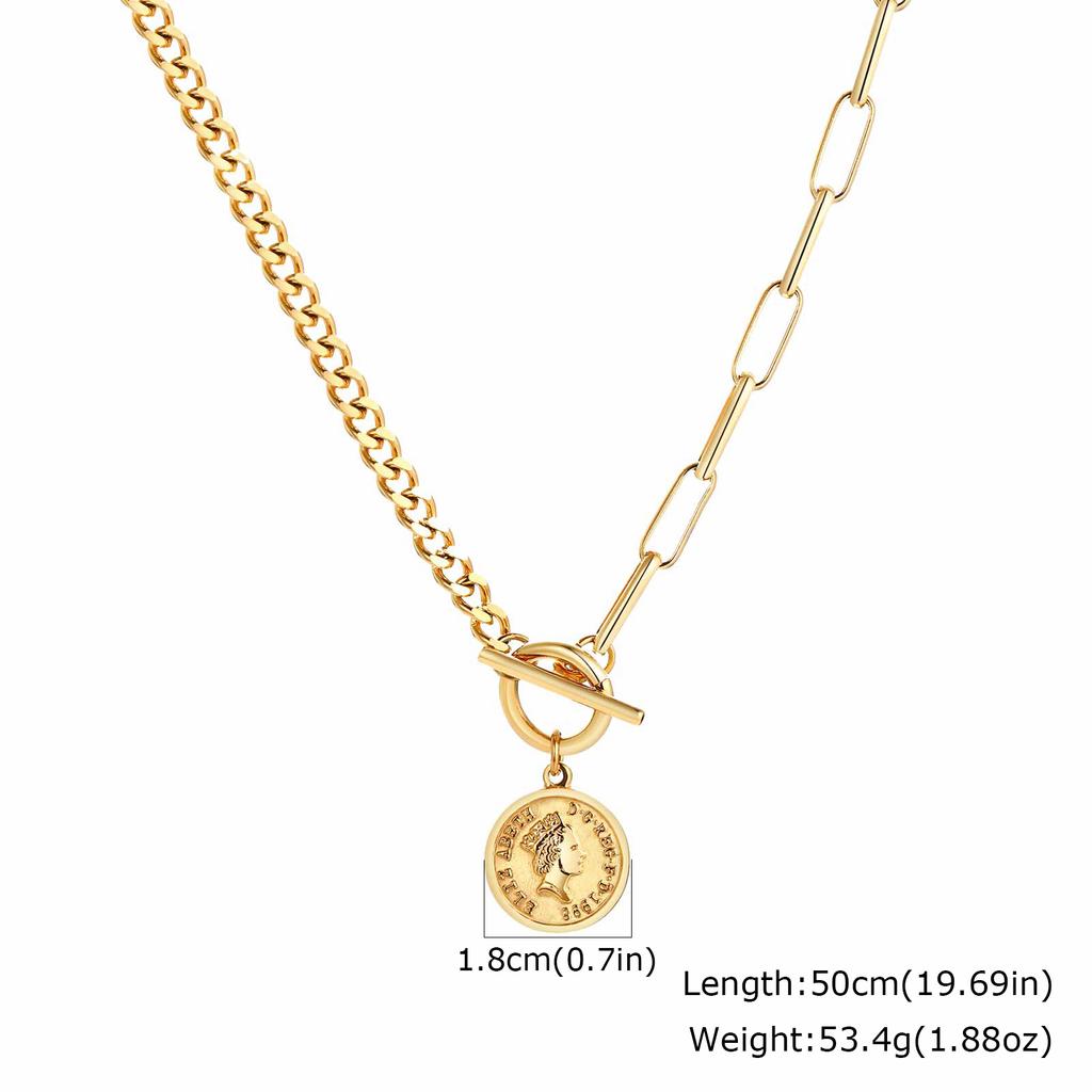 Stainless Steel Pendant Necklace for Women, Layer Herringbone Chain Heart Shape Elizabeth Coin Pendant Non-tarnish Jewelry