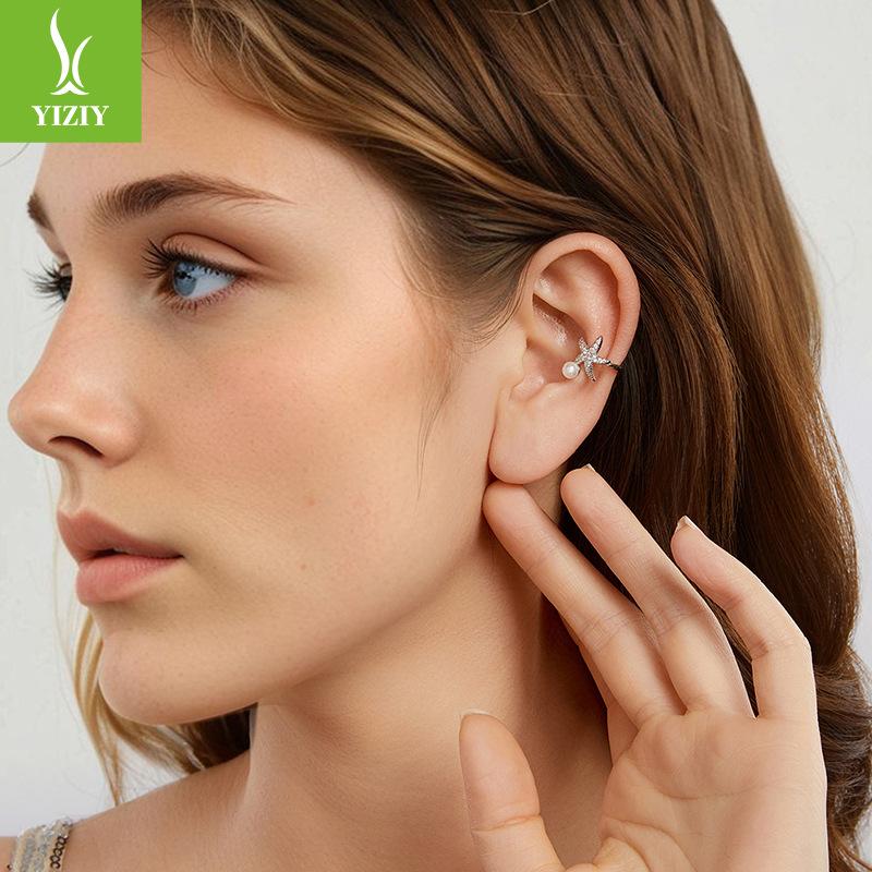 S925 Sterling Silver Starfish Ear Bone Clip Without Ear Piercing, Personalized Fashion Bead Ear Clip Earrings