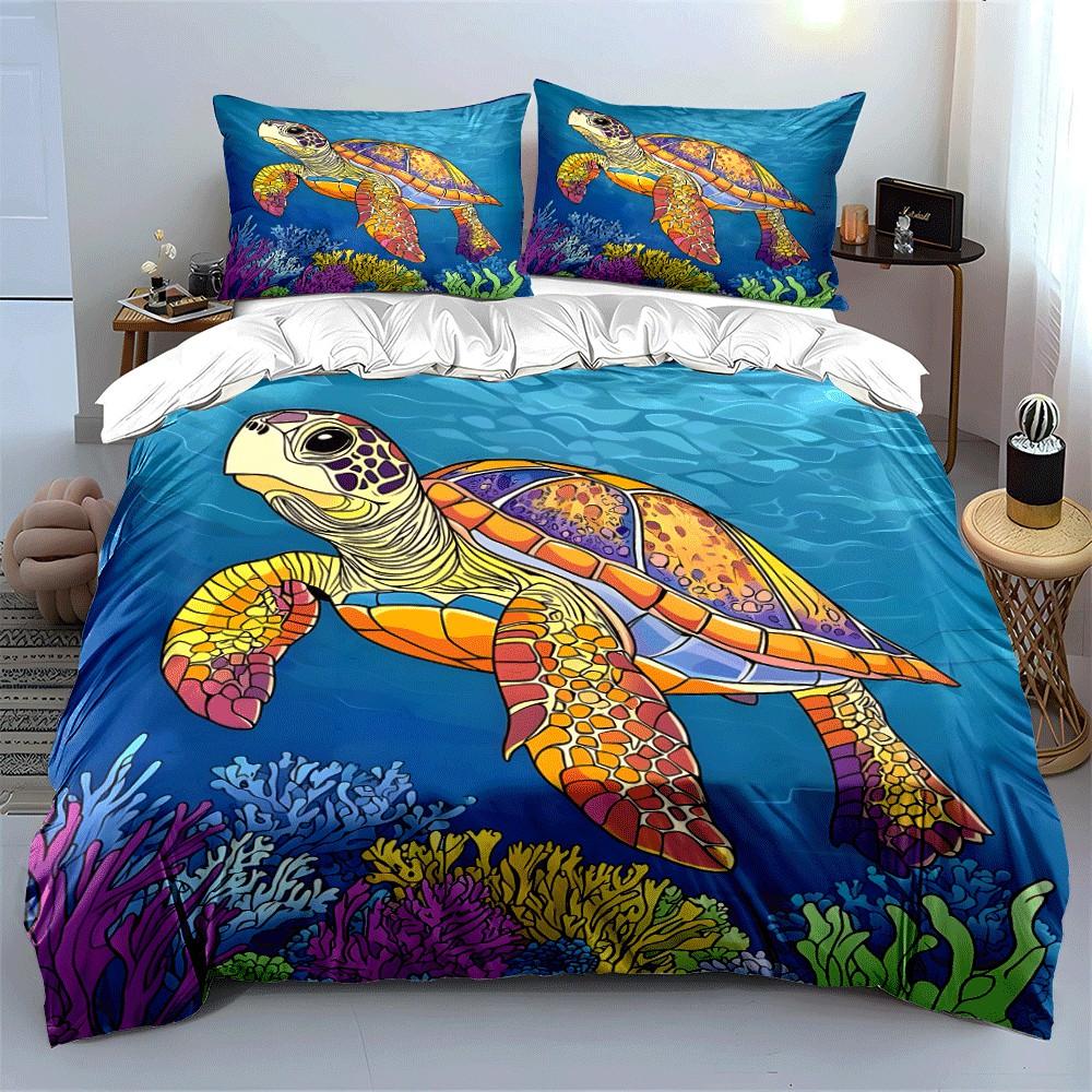 Colorful Sea Turtle Design Trio Exquisite Three-Piece Bedding Set Gift For Kids And Adults