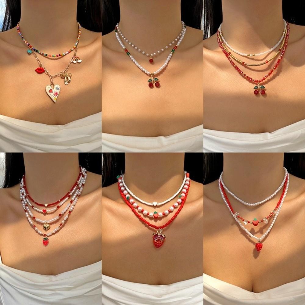 Red Fruit Pearl Beaded Necklace Multi-layer Strawberry Necklace Trendy Cherry Beads Necklace Women